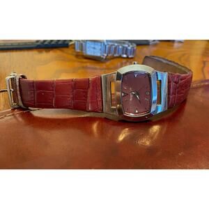 VTG Women's Kenneth Cole New York Watch, Silver Tone with Maroon Band and Face